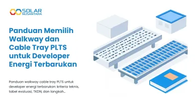 Ilustrasi cable tray logam dan walkway atap dengan buku panduan tertutup di sampingnya