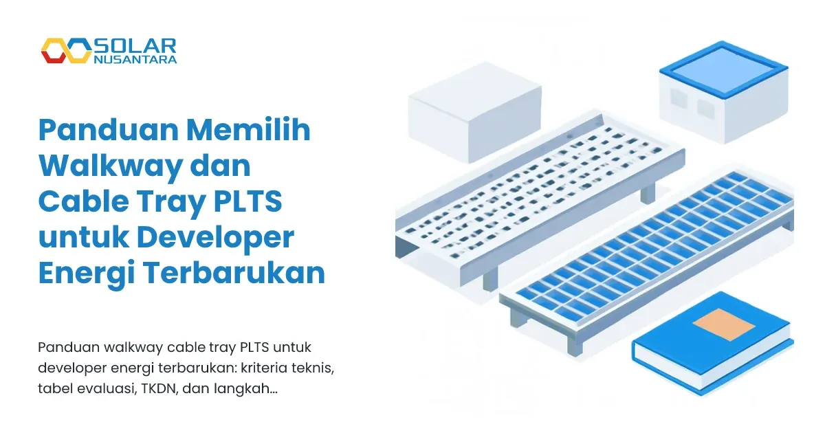 Ilustrasi cable tray logam dan walkway atap dengan buku panduan tertutup di sampingnya