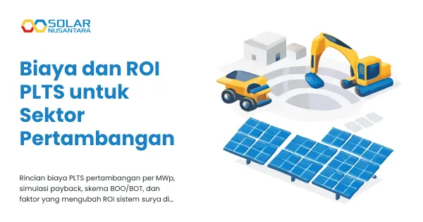 Ilustrasi area tambang terbuka dengan truk, ekskavator, dan hamparan panel surya