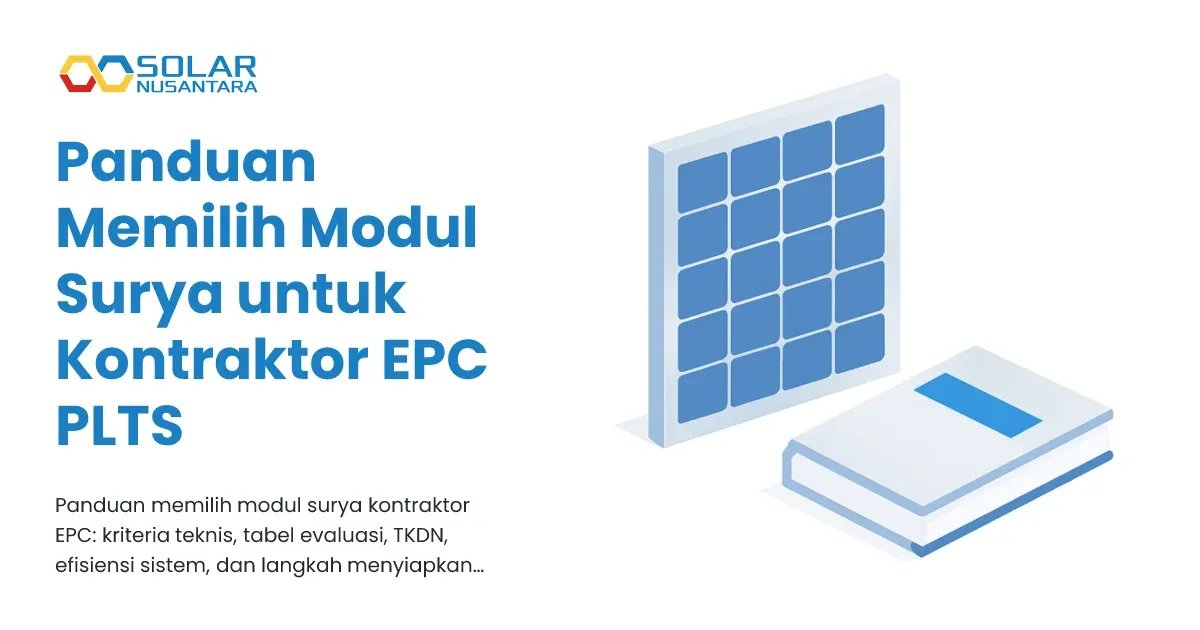 Ilustrasi modul surya dengan buku panduan tertutup di sampingnya
