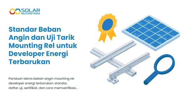 Ilustrasi rel mounting aluminium dan braket atap dengan stempel sertifikasi dan kaca pembesar