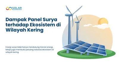 Ilustrasi dua turbin angin dan deretan panel surya di atas lahan hijau dengan matahari di latar belakang