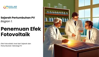 Ilustrasi tiga ilmuwan berjas laboratorium mengamati panel surya yang memantulkan cahaya